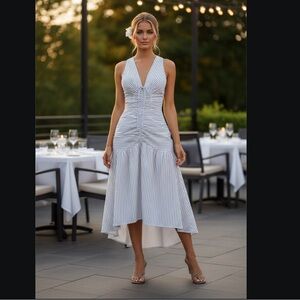 LINEN White dress with charcoal stripes ruched details Skylar style size Medium